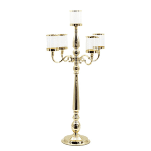 CHANDELIER OR 5 PORTE-BOUGIES AVEC VERRES TRANSPARENTS D.42 H87