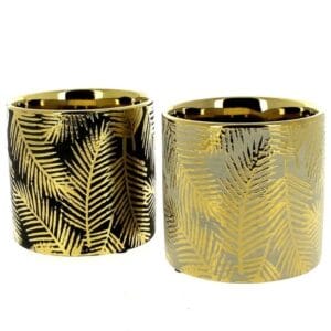 CACHE POT EN CÉRAMIQUE PALMES DORÉES D10.5 H10.5CM / ASST 2