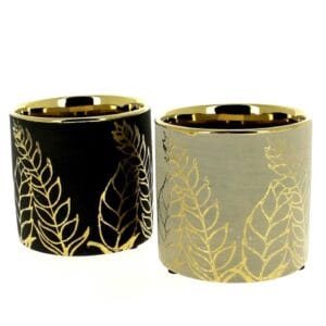 CACHE POT EN CÉRAMIQUE FEUILLES DORÉES D10.5 H10.5CM / ASST 2