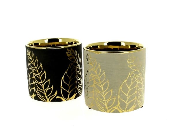 CACHE POT EN CÉRAMIQUE FEUILLES DORÉES D10.5 H10.5CM / ASST 2