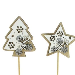 SACHET DE 12 PICS ÉTOILES + SAPINS NATUREL/BLANC H28CM