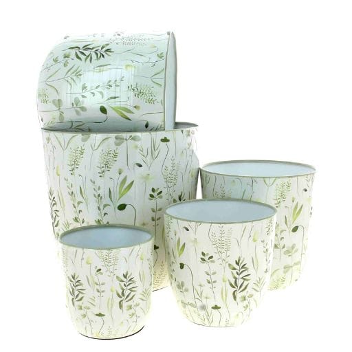 SÉRIE DE 5 CACHE POTS ZINC PREMIUM fleurs vertes