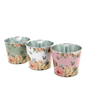 CACHE-POTS ZINC FLEURS asst 3 couleurs D11.5 H9.5CM