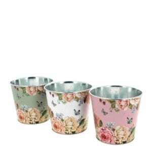 CACHE-POTS ZINC FLEURS asst 3 couleurs D13.5 H12CM