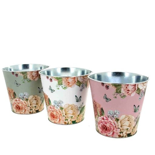 CACHE-POTS ZINC FLEURS asst 3 couleurs D17 H16CM